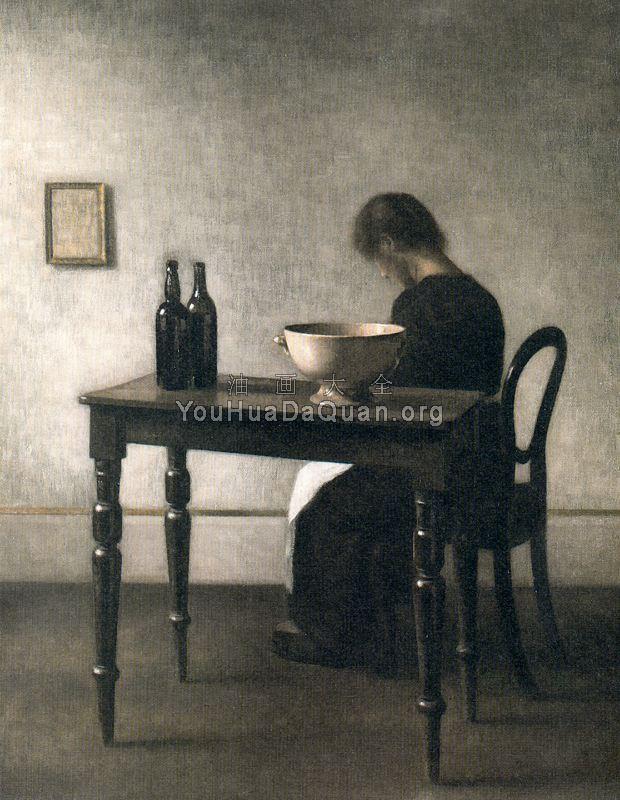 Young woman sitting behind a table - 威尔汉姆·哈莫修依
